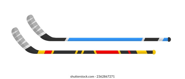 Sports equipment for playing games, isolated hockey stick colorful wooden handle for hitting target. Ice winter sportive events and competitions, store or shop with accessories. Vector in flat style