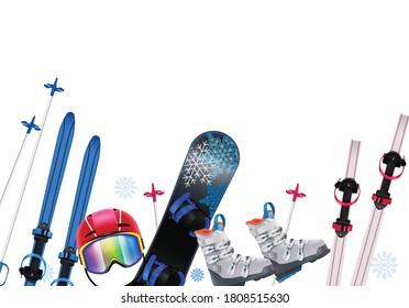 Sports equipment realistic composition with colorful ski snowboard helmet boots vector illustration