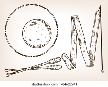 Sports equipment of rhythmic gymnastics engraving vector illustration. Brown aged background. Scratch board style imitation. Hand drawn image.