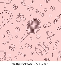 Sportgeräte nahtlose Muster. Verschiedene Bälle, Tennisschläger, Tassen. Hintergrund für Tapeten, Verpackungen, Wrapper