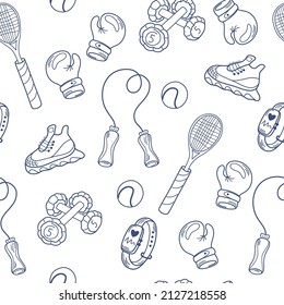 Sports equipment seamless pattern. Fitness items, racket, boxing gloves, sneakers, jump rope, fitness watch and dumbbells. Sports background in linear doodle style. Vector illustration