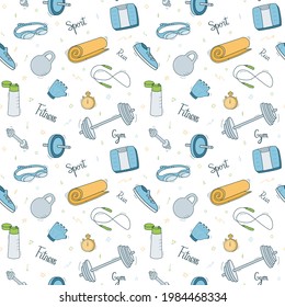 Sports Equipment. Seamless repeating pattern of colored objects, doodle style on a white.