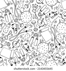 Sports equipment seamless vector pattern. Hand drawn illustration isolated on white background. Gym tools - dumbbell, yoga mat, skipping rope. Healthy lifestyle, monochrome sketch