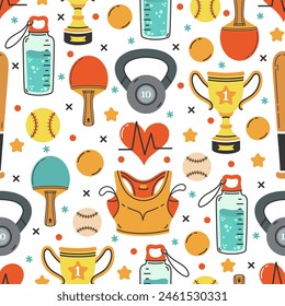 Sports equipment seamless vector pattern. Accessories for fitness and training - kettlebell, baseball bat and ball, tennis racket, water bottle, victory cup. Team game, competition. Cartoon background