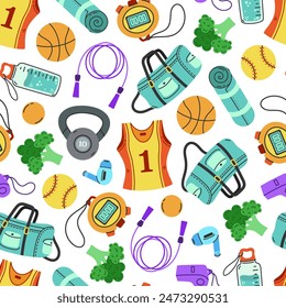 Sports equipment seamless vector pattern. Gym accessories for fitness, yoga. Running jersey, kettlebell, duffel, stopwatch, jump rope. Balls for playing basketball, baseball. Exercise and training