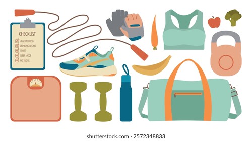 Sports equipment set in clip art style. Gym accessories, sportswear. Bottle, sneakers, gloves, bag, checklist and other elements. Modern vector illustration for your design