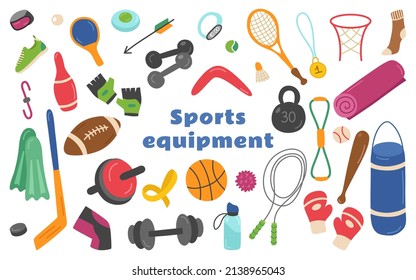 Sports equipment set of elements. Balls for American football and volleyball, punching bag and gloves, tennis racket, dumbbells, kettlebell, jump rope, mat. Vector collection for physical education.