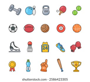 Sports equipment set featuring training accessories, game essentials, fitness tools, competition awards, and recreational items for various athletic activities and active lifestyle enthusiasts