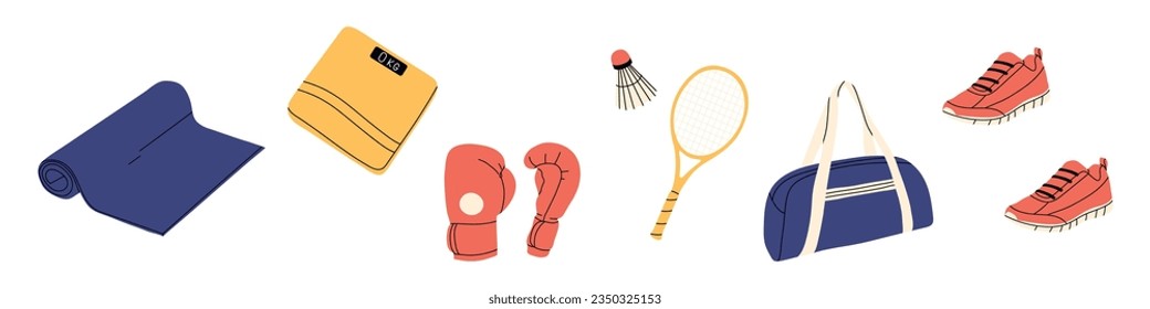 Sports equipment set, health and fitness items.Yoga essentials, weights, and doodle-style gym items for workout experience. Flat vector illustration isolated on white background.