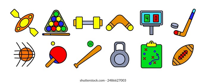 Sports equipment set icon. Kayak, billiards, dumbbell, boomerang, scoreboard, hockey stick, basketball, table tennis, baseball bat, kettlebell, strategy board, football. Fitness and sports concept.