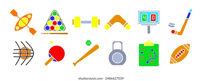 Sports equipment set icon. Kayak, billiards, dumbbell, boomerang, scoreboard, hockey stick, basketball, table tennis, baseball bat, kettlebell, strategy board, football. Fitness and sports concept.