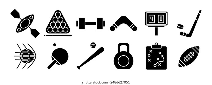 Icono de equipo deportivo. Kayak, billar, mancuerna, boomerang, marcador, palo de hockey, baloncesto, tenis de mesa, bate de béisbol, kettlebell, tablero de estrategia, fútbol. Concepto de fitness y deportes.