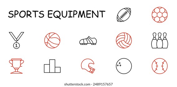 Icono de equipo deportivo. Medalla, baloncesto, tacos, voleibol, rugby, bolos, trofeo, podio, casco, béisbol, pelota, premio, deporte, equipo, juego, fitness, competencia, partido, ejercicio.