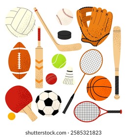 Sports equipment. Set illustrations balls different sports games. Ball for volleyball, football, basketball, cricket, baseball, tennis, hockey stick and puck. For designs sports and outdoor activity.