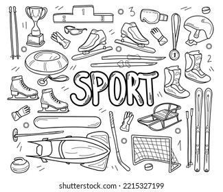 Sportausrüstung. Eine Reihe von Sportartikeln für Wintersportarten: Skifahren, Snowboarden, Schlitten, Kleidung, Brillen, Hockey. Konstruieren Sie einzelne Vektorobjekte im Doodle-Stil.