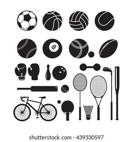 Sports Equipment, Silhouette Objects Set, Icons, Recreation and Leisure