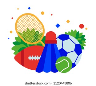 Sports equipment: soccer and tennis balls, badminton racket and shuttlecock. Vector illustration. Separate objects. Isolate.