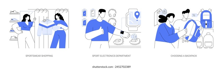 Sports equipment store isolated cartoon vector illustrations set. Sportswear shopping, electronics department, buying a gadget, choosing a backpack, salesperson consulting customer vector cartoon.