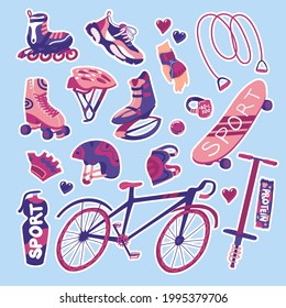 Sports equipment for summer. Isolated elements on blue background. Vector illustration. Flat style. Training, activities, lifestyle. Stickers, clip art. Roller skates, skate, bike, knee pads, tracker