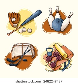 Sports equipment. Team games and hobbies: Baseball, Bowling, Hockey, etc. Vector.