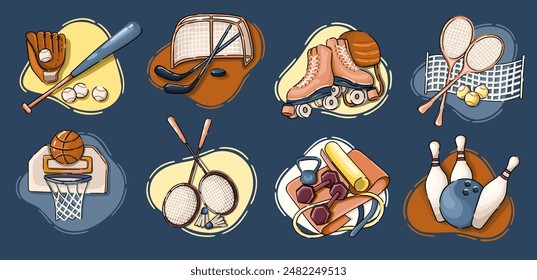 Sports equipment. Team games and hobbies: Baseball, Bowling, Basketball, Badminton, Tennis etc. Vector.