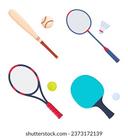 Sports equipment for tennis, badminton, baseball, table tennis. Rackets, balls shuttlecock stick Vector Illustration