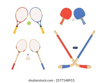 Sports equipment for tennis, badminton, table tennis, hockey. Sport games accessories. Different rackets and sticks, puck, shuttlecock and ball. Cartoon flat style isolated vector set