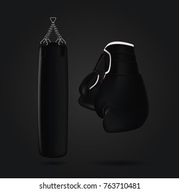 Sports equipment for training in boxing. Boxing gloves hang on the wall. Realistic Vector Illustration 3d