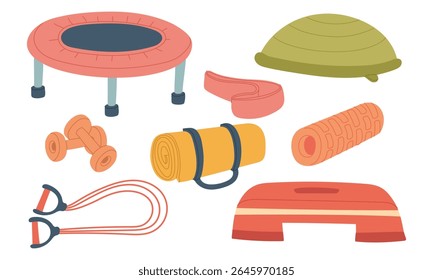 Equipamento desportivo para treino. Trampolim, tapete de ioga, banda elástica, hemisfério, passo, rolo, halteres, alongamento. Ilustração em cores planas. Para cartazes, esporte, blogs, fitness e estilo de vida saudável