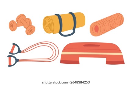 Equipamento desportivo para treino. Esteira de ioga, faixa de exercício, rolha, bola, rolo de massagem. Equipamento de exercício em cores. Ilustração em cores planas. Para pôsteres, esportes, blogs, fitness e um estilo de vida saudável