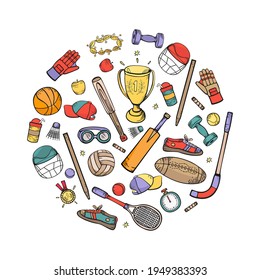 Sports equipment, uniforms, accessories vector hand drawing set in the shape of a circle. Color illustration isolated on white background.