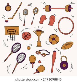 Sports equipment for various types of sports hand drawn vector illustration on isolated background. Multi-sport doodle concept with cup, boxing gloves, gymnastics, basketball, football, tennis, ball