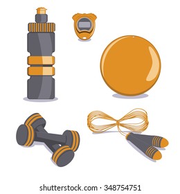 Sports Equipment. Vector.  Ball, Bottle, Stopwatch, Jump rope, Dumbbells. Icon Set.