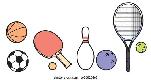 sports equipment vector: basketball, pingpong, football, bowling, tennis  