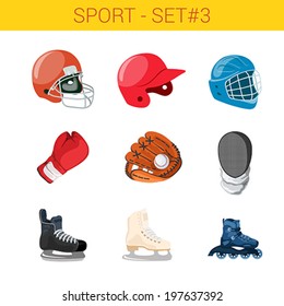 Sports equipment vector icon set. Helmets: football, baseball, hockey. Gloves: boxing, fencing. Skates. Sport collection.