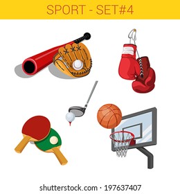 Sports equipment vector icon set. Baseball bat glove, boxing gloves, golf club ball, table tennis rackets, basketball backboard hoop. Sport collection.