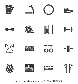 Sports equipment vector icons set, modern solid symbol collection, filled style pictogram pack. Signs, logo illustration. Set includes icons as fitness treadmill, gym training apparatus, gymnastics