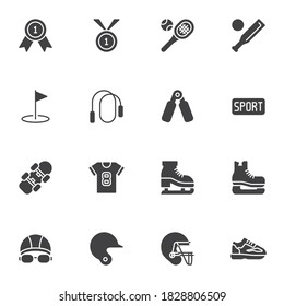 Sports equipment vector icons set, modern solid symbol collection, filled style pictogram pack. Signs logo illustration. Set includes icons as golf, rugby helmet, sport shoe, swimming, ice skate, ball