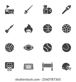 Sports equipment vector icons set, modern solid symbol collection, filled style pictogram pack. Signs, logo illustration. Set includes icons as basketball, soccer, football, baseball, volleyball