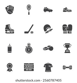 Sports equipment vector icons set, modern solid symbol collection, filled style pictogram pack. Signs, logo illustration. Set includes icons as sports shoes, boxing gloves, ice skating, award cup