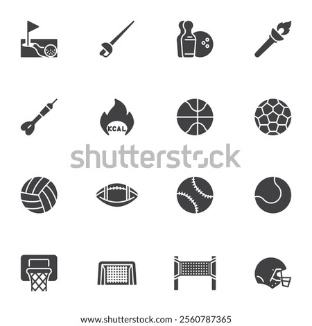 Sports equipment vector icons set, modern solid symbol collection, filled style pictogram pack. Signs, logo illustration. Set includes icons as basketball, soccer, football, baseball, volleyball