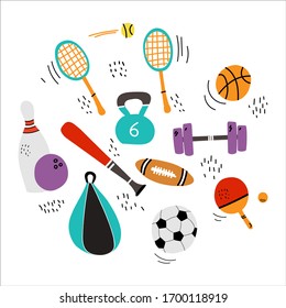 Sports Equipment Vector Illustration In Doodle Style. Ball For Football, Basketball, Rugby. Bowling. Tennis Racquet. Baseball Bat. Ping Pong. Punching Bag. Barbell.