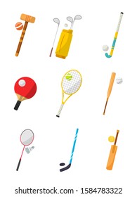 Sports equipment vector illustrations set. Table tennis, badminton rackets isolated on white background. Baseball bat, golf club inventory stickers. Active lifestyle, sport games tools items pack