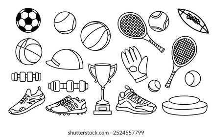 Sports Equipment vector Line Art collection Vector Illustrations of Soccer Balls, trophy ,shoes,Gloves ,helmet, Tennis ,Rackets, and Fitness Equipment isolate background