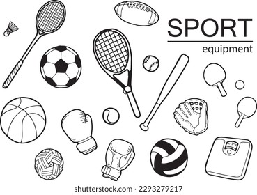 Sports equipment vector lines in black on a white background, there are various types of sports equipment with scale images to represent weight loss, exercise.