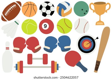 Sports equipment vector set, ball, trophy, dumbbell, badminton, boxing