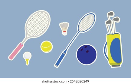 Equipo de Vector deportivo con raqueta de tenis, volante, raqueta de bádminton, bola de bolos y clubes de golf para Ilustraciones de Ocio

