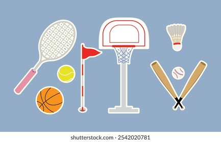 Sports Equipment Vector Set with Tennis Racket, Basketball Hoop, Golf Flag, Baseball Bats, and Shuttlecock for Active Recreation Designs

