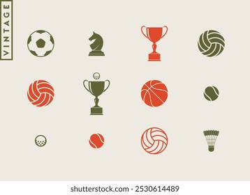 Sports equipment vintage style.  Volleyball basketball football golf and tennis ball with trophy and shuttlecock. Team sport icon set