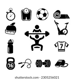 sports equipment, workout items, apple, scale, jump rope, ball. Vector black and white icons